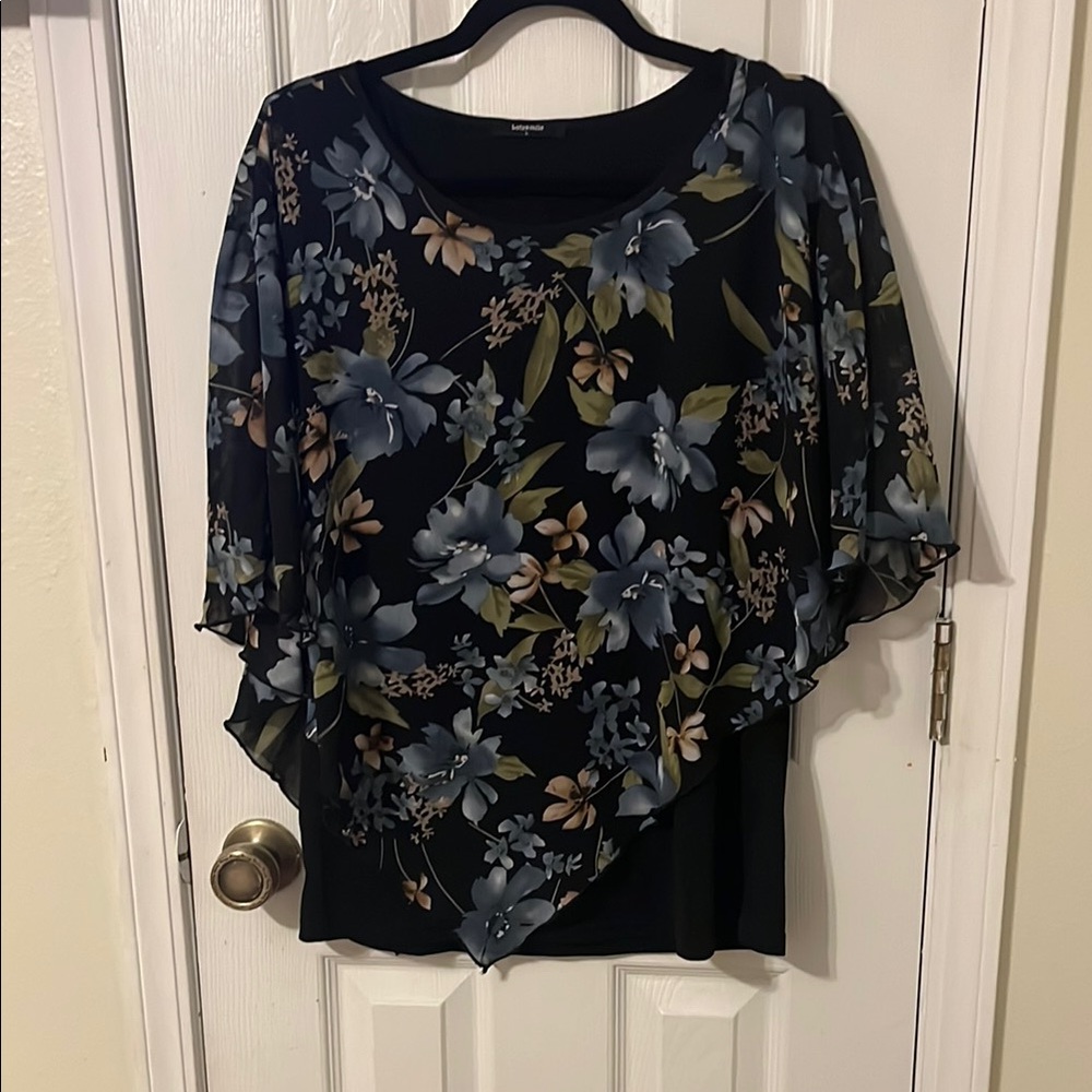 Black and Blue Asymmetrical Flutter Sleeve Blouse